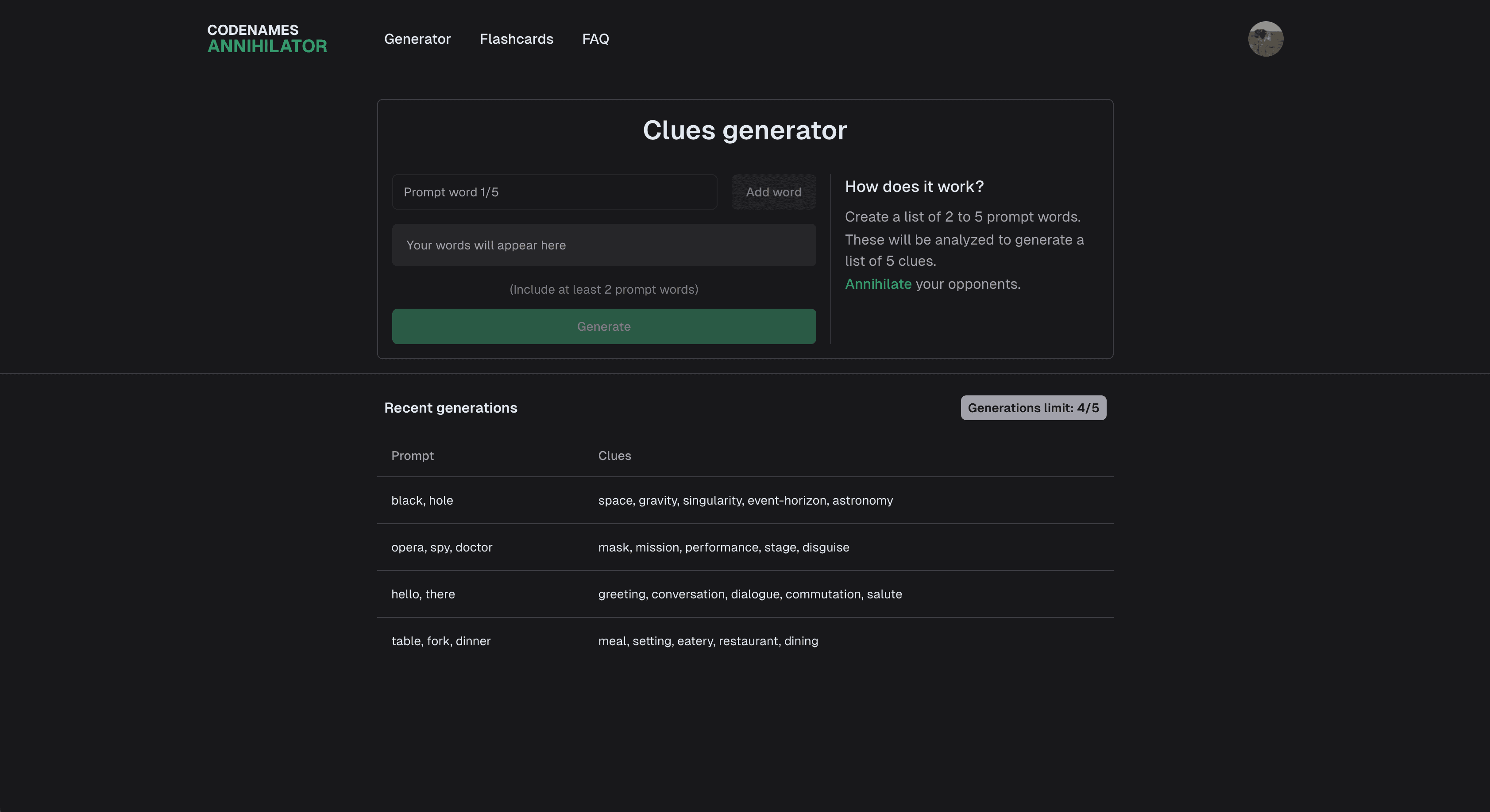 Image of Codenames Annihilator generator page